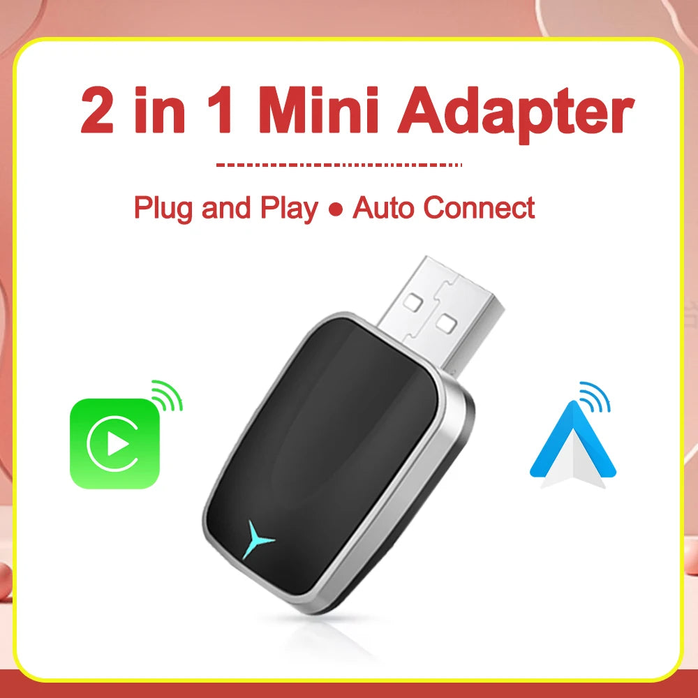 2 in 1 Smart Dongle AI Box Mini Adapter Wired to Wireless Carplay&Android Auto Compatible with 99% of Cars Plug and Play WiFi