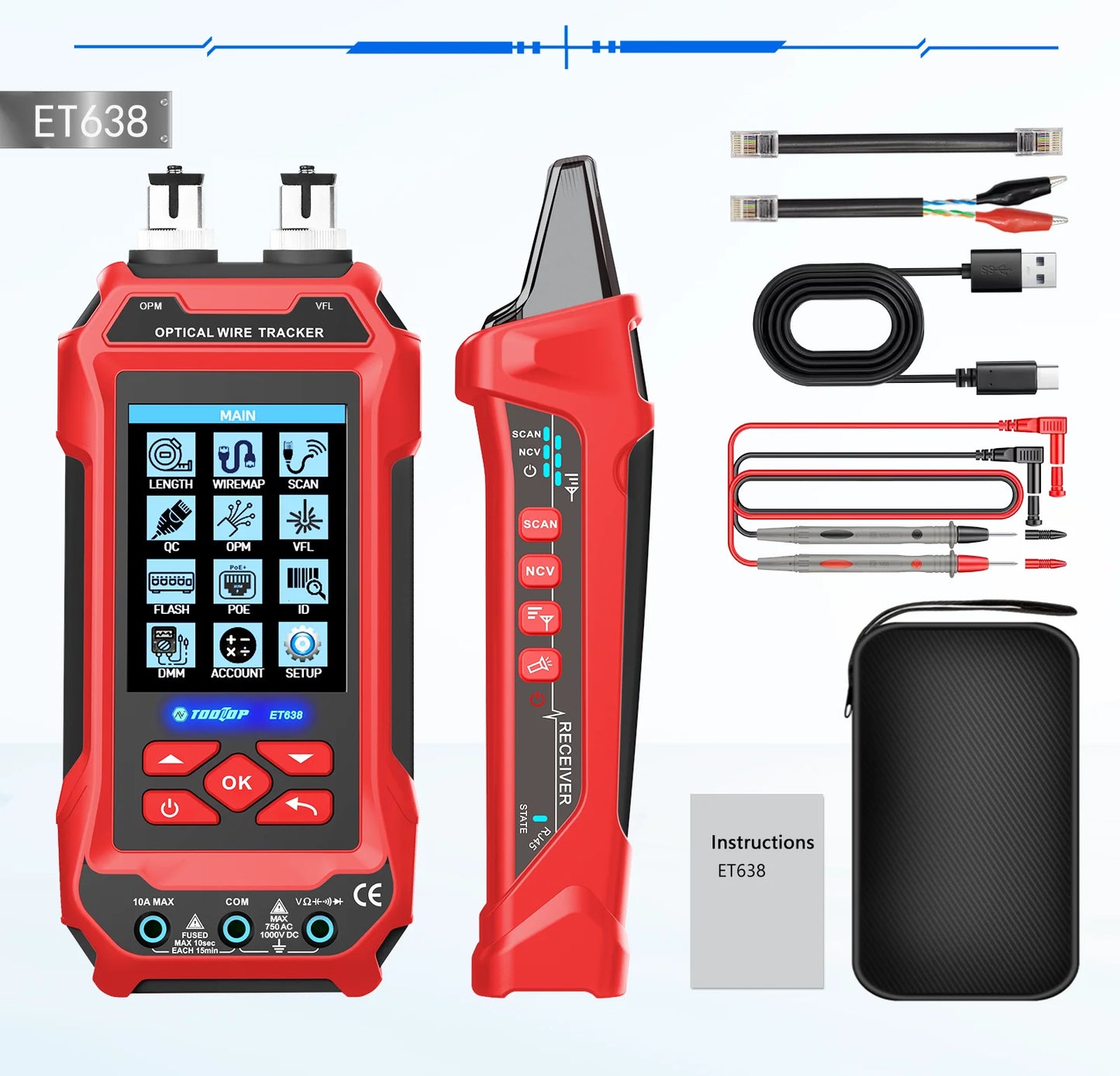 TOOLTOP Network Cable Tester 4 in 1 Multi-function Fiber Optical Power Meter Visual Fault Locator noise-free LAN Line Tracking