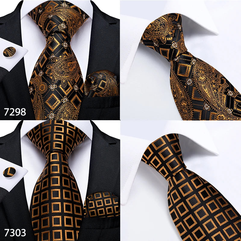 Fashion Men Tie Luxury Gold Black Dot Striped Paisley Silk Wedding Tie For Men DiBanGu Designer Hanky Cufflinks Gift Tie Set
