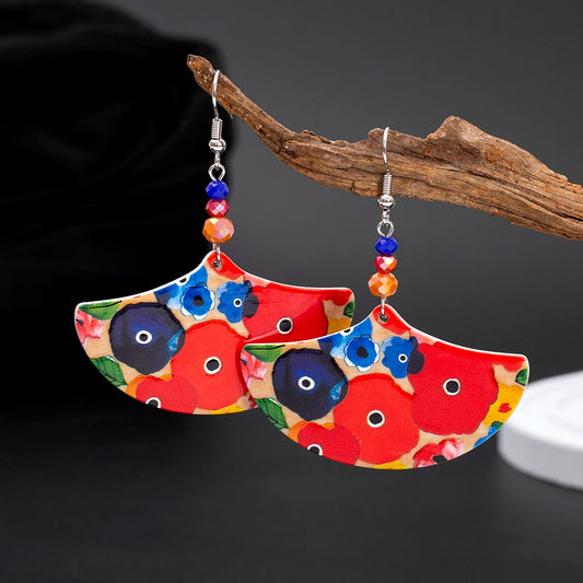 Colorful Flower Pattern Fanshaped Acrylic Earrings For Women Vintage Style Lightweight Charming Elegant Jewelry Daily Wearing