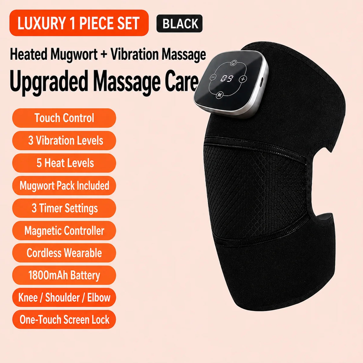 Cordless Heated Knee Massager, 5 Heat Levels 3 Vibration Levels, Magnetic Controller, Mugwort Wrap for Knee Shoulder Elbow Brace