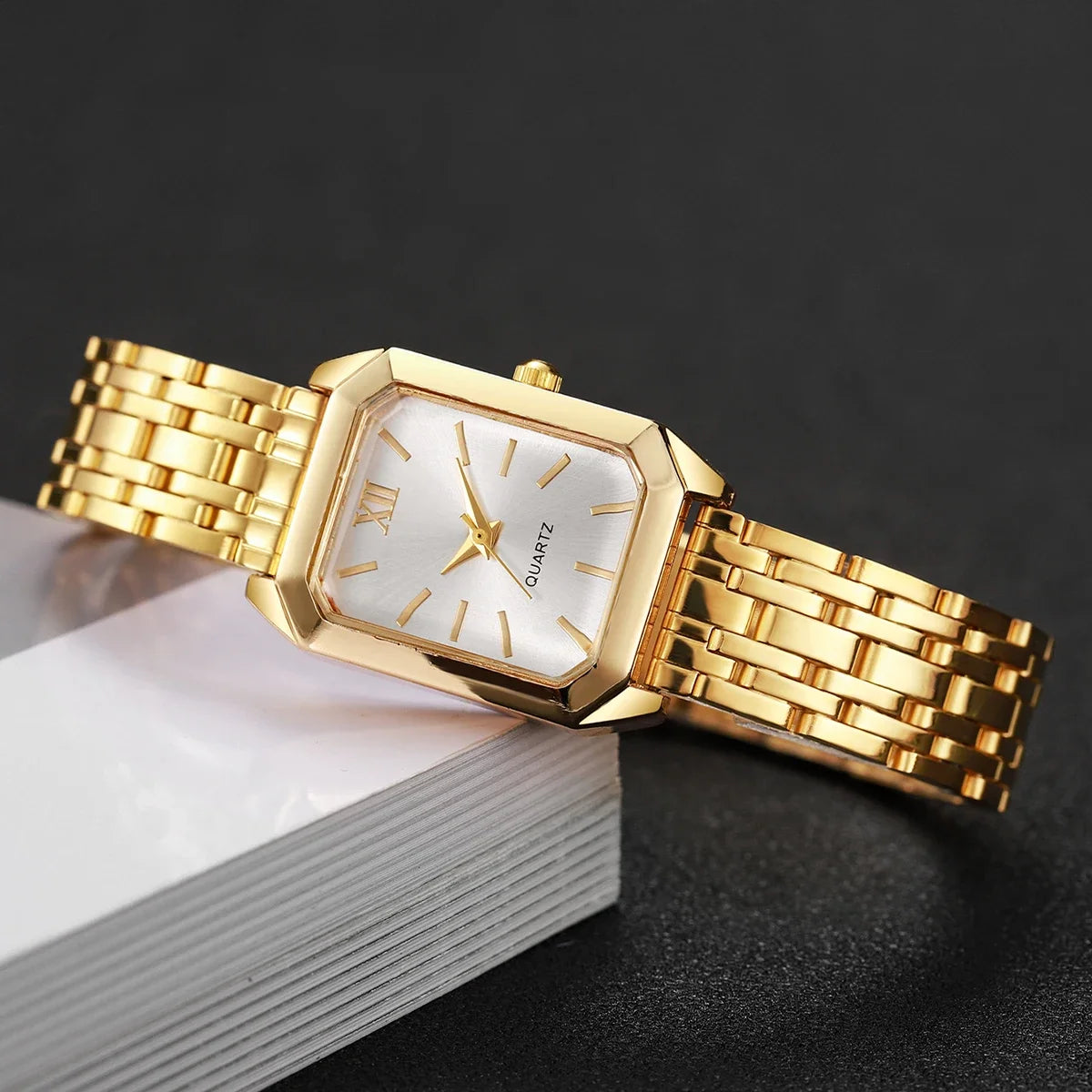 4PCS Elegant Rectangle Women Watch Rhinestone Bracelets Set Fashion Roma Dial Quartz Wristwatches Relogio Feminino (Without Box)
