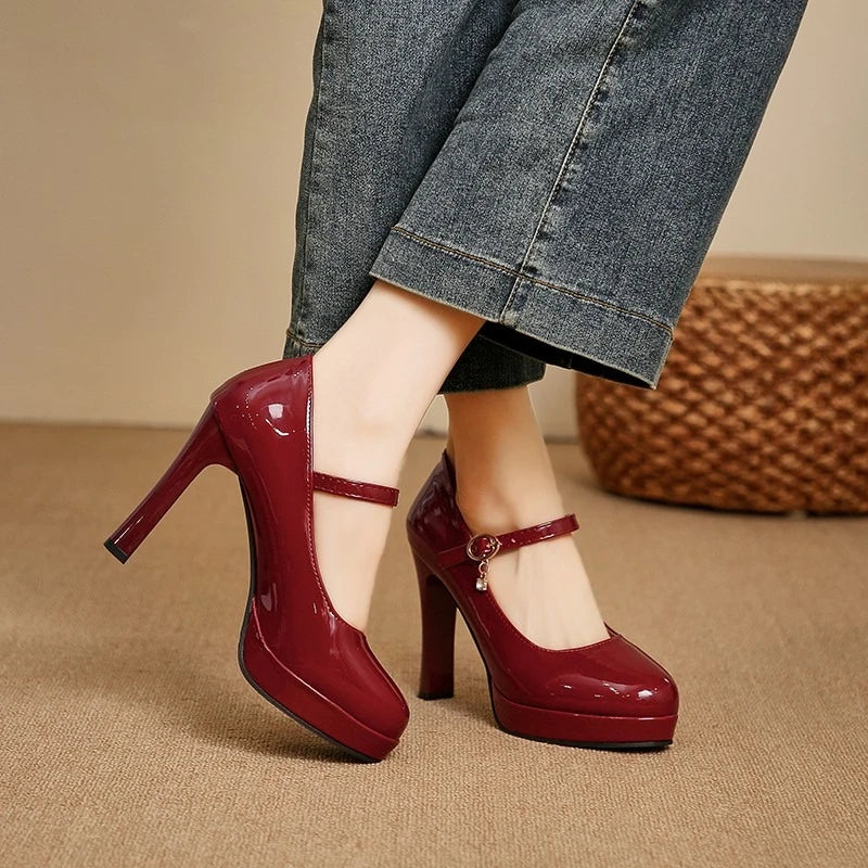 Women's classic round-toe platform heels with thick soles for 2026 summer featuring smooth leather texture Sizes available:35-42