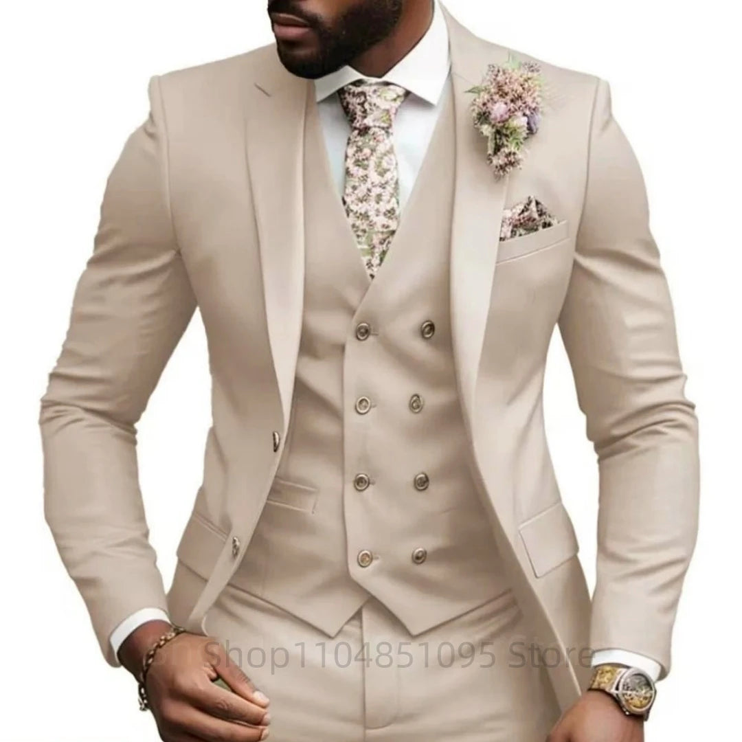 High Quality Green Business Men Suits Slim Fit Male Clothing Elegant Wedding 3 Piece Two Buttons Jacket Vest Pants Party Sets