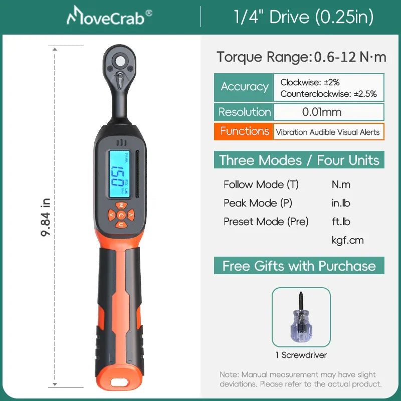 MOVECRAB Series Digital Torque Wrench 1.5-340N.m 2% Accuracy Preset Values with Buzzer, LED Flash & HandleVibration Notification