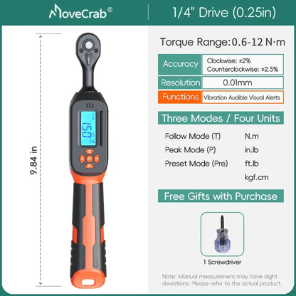 MOVECRAB Series Digital Torque Wrench 1.5-340N.m 2% Accuracy Preset Values with Buzzer, LED Flash & HandleVibration Notification
