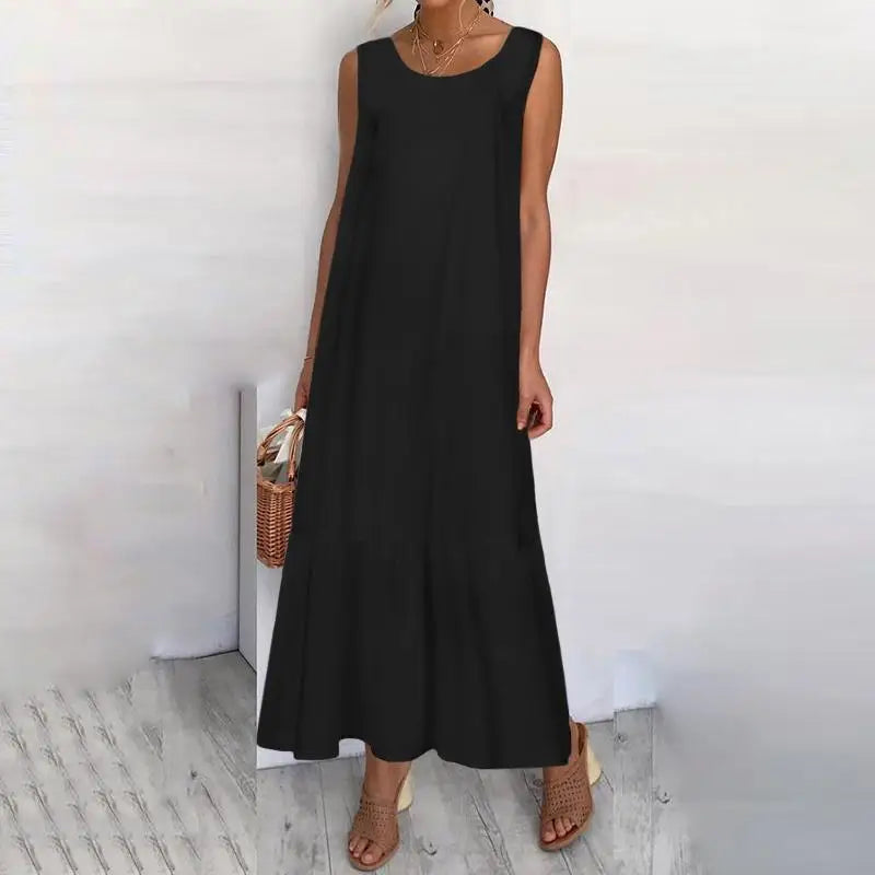 New Dresses 2025 Woman Fashion Summer Solid-color Cotton-linen Sleeveless Plus Size Women's Loose-fitting Long Dress Skirt