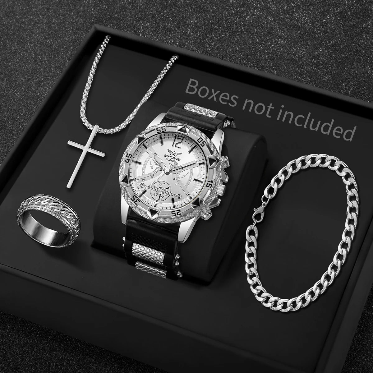4PCS/Set Fashion Silicone Strap Men Quartz Wristwatch Male Arabic Dial Watch With Jewelry Set Reloj Hombre (Without Box)