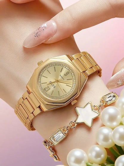 Fashionable Simple Light Luxury Round Dial Steel Band No Number Women's Quartz Watch Jewelry Set of 5, Suitable for Holiday Gift