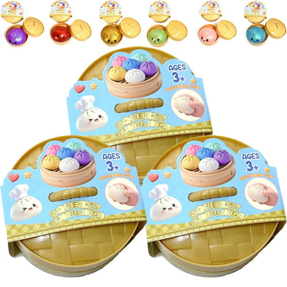 Colorful Dumpling Squishes Stress Balls Fidget Sensory Toys Simulation Food Squishies Bun with Steamer Squeeze Dough Ball Gifts