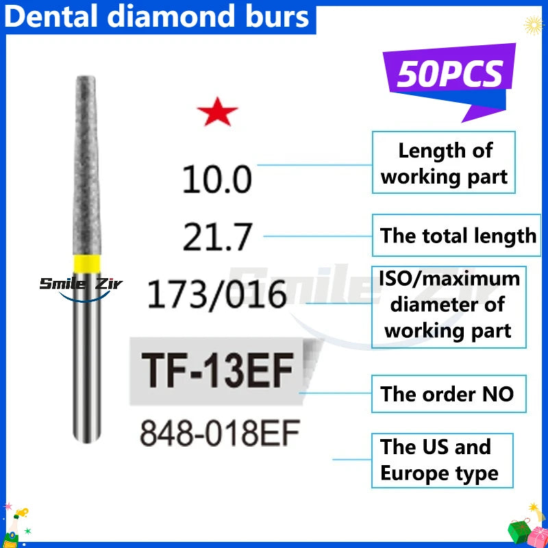 50Pcs Dental Dentist Diamond Burs Drill FG 1.6mm Bur for High Speed Handpiece FG Dental Bur Stomatology Dentistry Grinding Tools