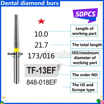 50Pcs Dental Dentist Diamond Burs Drill FG 1.6mm Bur for High Speed Handpiece FG Dental Bur Stomatology Dentistry Grinding Tools