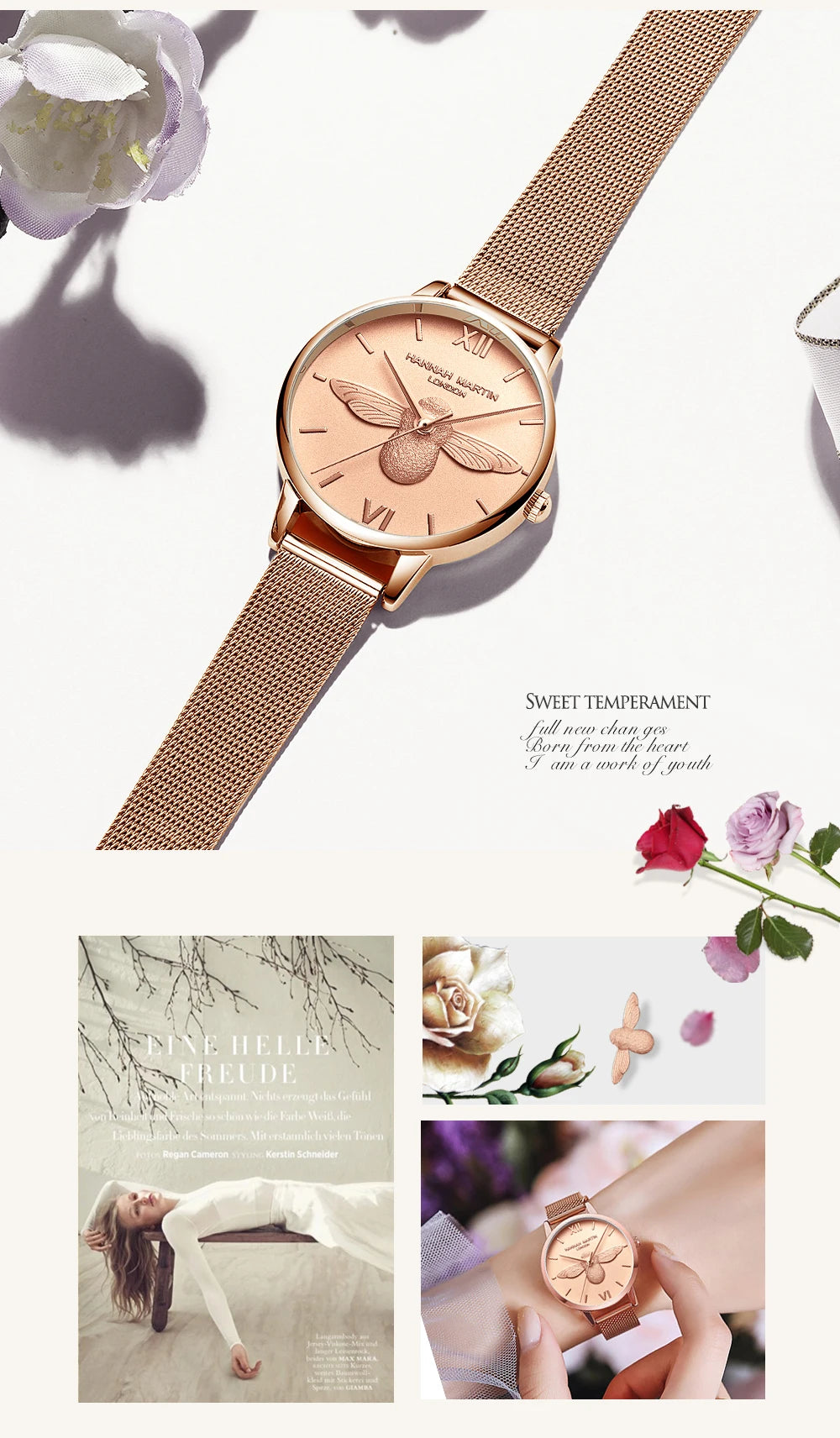 Hannah Martin 2023 New Women Luxury Watch Rose Gold 31mm Classic Casual Girl Dress Watch Bracelet Set 3D Engraved Bee Dial Clock