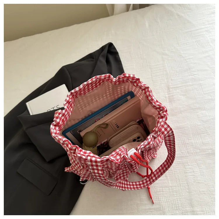 Cute Plaid Cotton Tote Bag Large Capaci Lace Trim Women's Summer 2026 Simple Lady Handbag Soft Shoulder Bags Bolsa Feminina