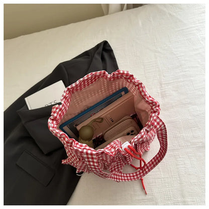 Cute Plaid Cotton Tote Bag Large Capaci Lace Trim Women's Summer 2026 Simple Lady Handbag Soft Shoulder Bags Bolsa Feminina