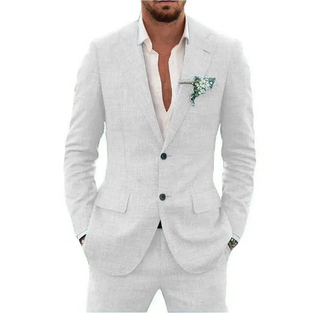 Sky Blue Linen Causal Men Suits for Beach Party Business Two Pieces Wedding Tuxedos Set Notched Lapel Suit Jacket Pants
