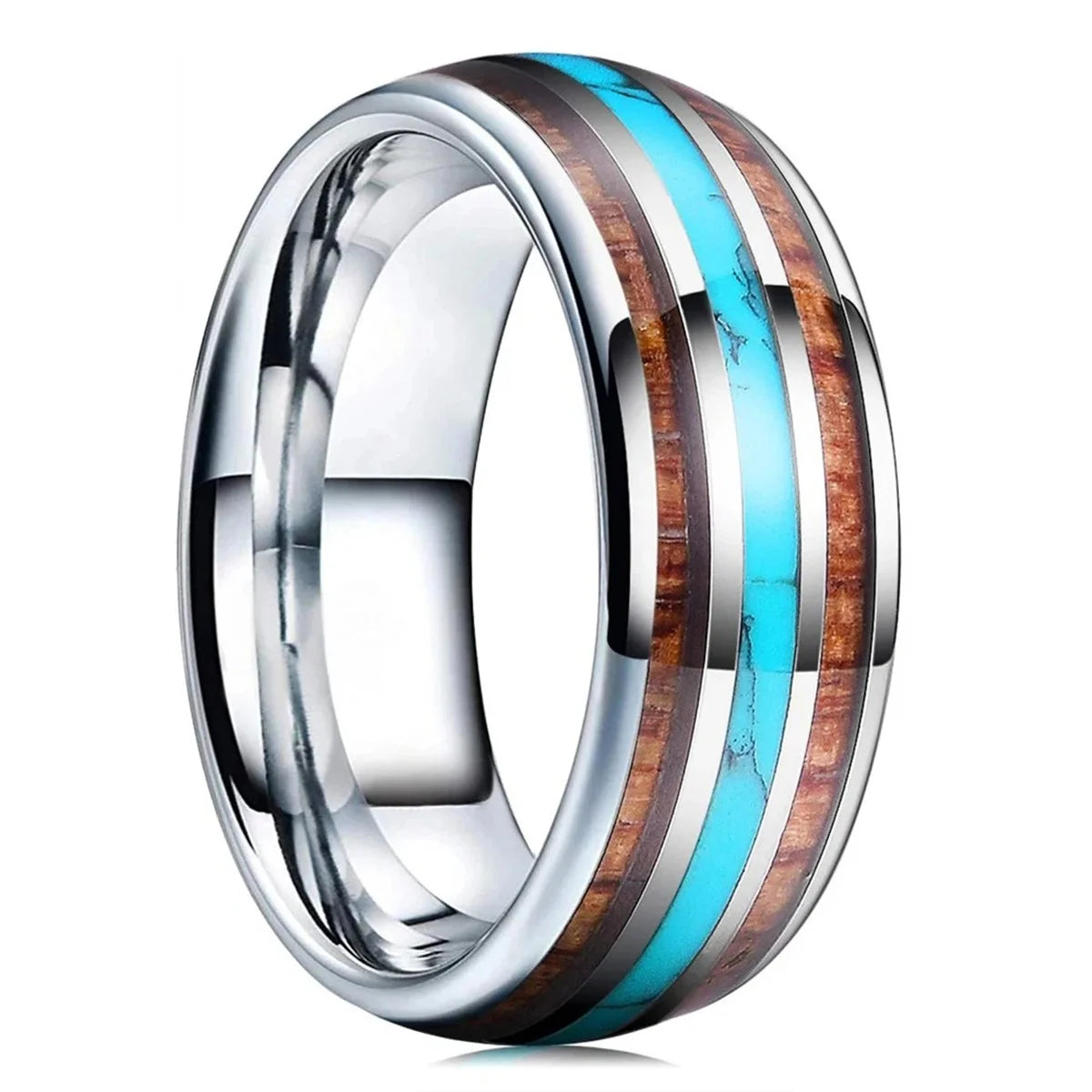 Fashion 8mm Rose Gold Color Stainless Steel Guitar String Rings for Men Koa Wood Inlay Ring Whiskey Barrel Mens Wedding Band