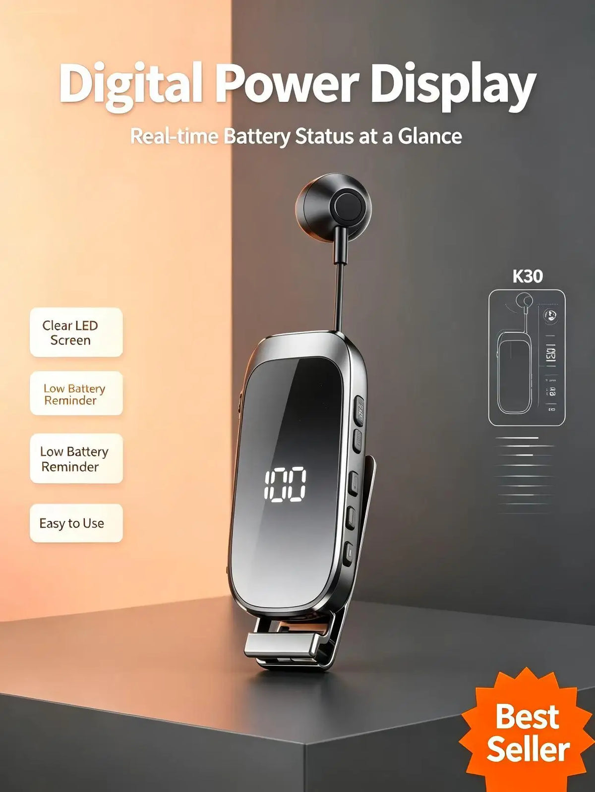K30 Clip-on Bluetooth Headset with Digital Power Display, Retractable Earbud, 25H Talk Time & 300H Standby, Handsfree Wireless E