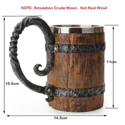 Viking Wood Style Beer Mug, Simulated Wooden Barrel Double Wall Metal Insulated Cup, 1Pc Bar Drinking Mug