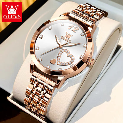 OLEVS 5189 Love Diamond Inlaid Steel Band Women's Quartz Watch