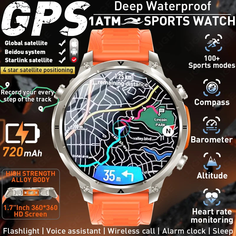 LIGE 2026 Nowy Męski Wojskowy Zegarek Smartwatch GPS Mapa Kompas Pamięć 4GB Bateria 1000mAh Wodoodporność 10ATM Rozmowy Bluetooth HD