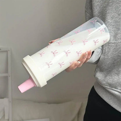 500/700Ml Pink Bow Water Cup With Straw Coffee Bubble Milk Tea Plastic Cup Large Capacity Students Water Bottle Straw Bottle