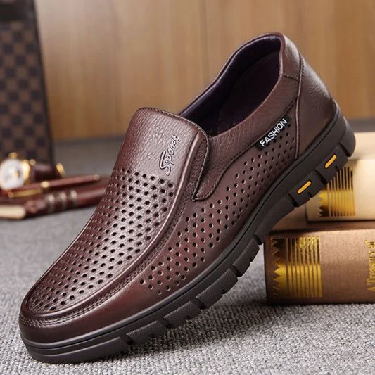 Men's Slip-On Shoes Summer Hollow out Breathable Comfortable Soft Bottom Anti-Slip Leather Shoes-8867-1