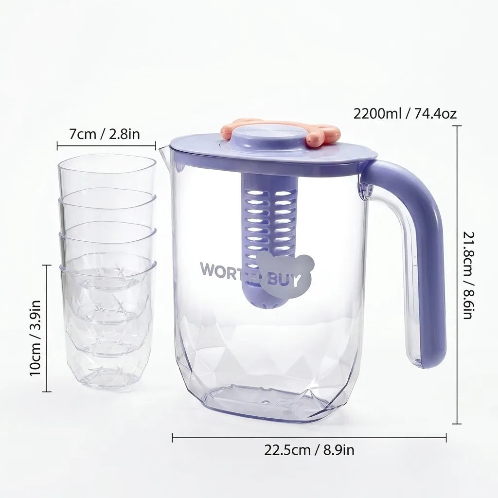 2200ml Large Capacity Plastic Water Jug Water Carafe Cold Drink Container Juice Jar Pitcher with Lid and Tea Filter