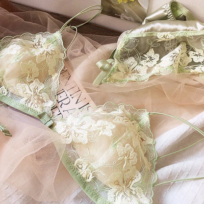 French Lace Bralette Small Bust Women Wireless Ultra Thin Sexy Embroidery Mesh No Underwire Push Up Comfort Bra Set BANERDANNI