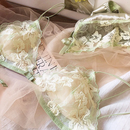 French Lace Bralette Small Bust Women Wireless Ultra Thin Sexy Embroidery Mesh No Underwire Push Up Comfort Bra Set BANERDANNI