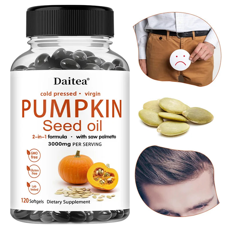 Pumpkin Seed Oil + Saw Palmetto Extract, Supports Prostate and Urinary System Health, Hair Care, Anti-Hair Loss, Men's Health