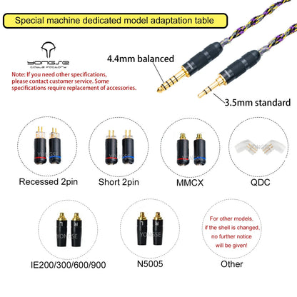 Yongse Obsidian Cable Silver-plated Single Crystal Copper Earphones Upgrade Cable Switchable Plug: 3.5mm +4.4mm