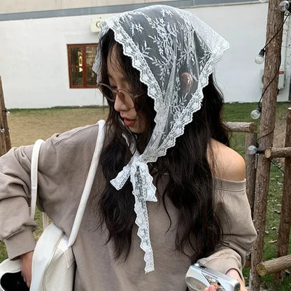 Lace Trim Bandana Triangle Scarf Delicate Ins Ruffled Lace Hair Scarf 2-in-1 Head Band Waist Accessory for Y2K Outfits Headscarf