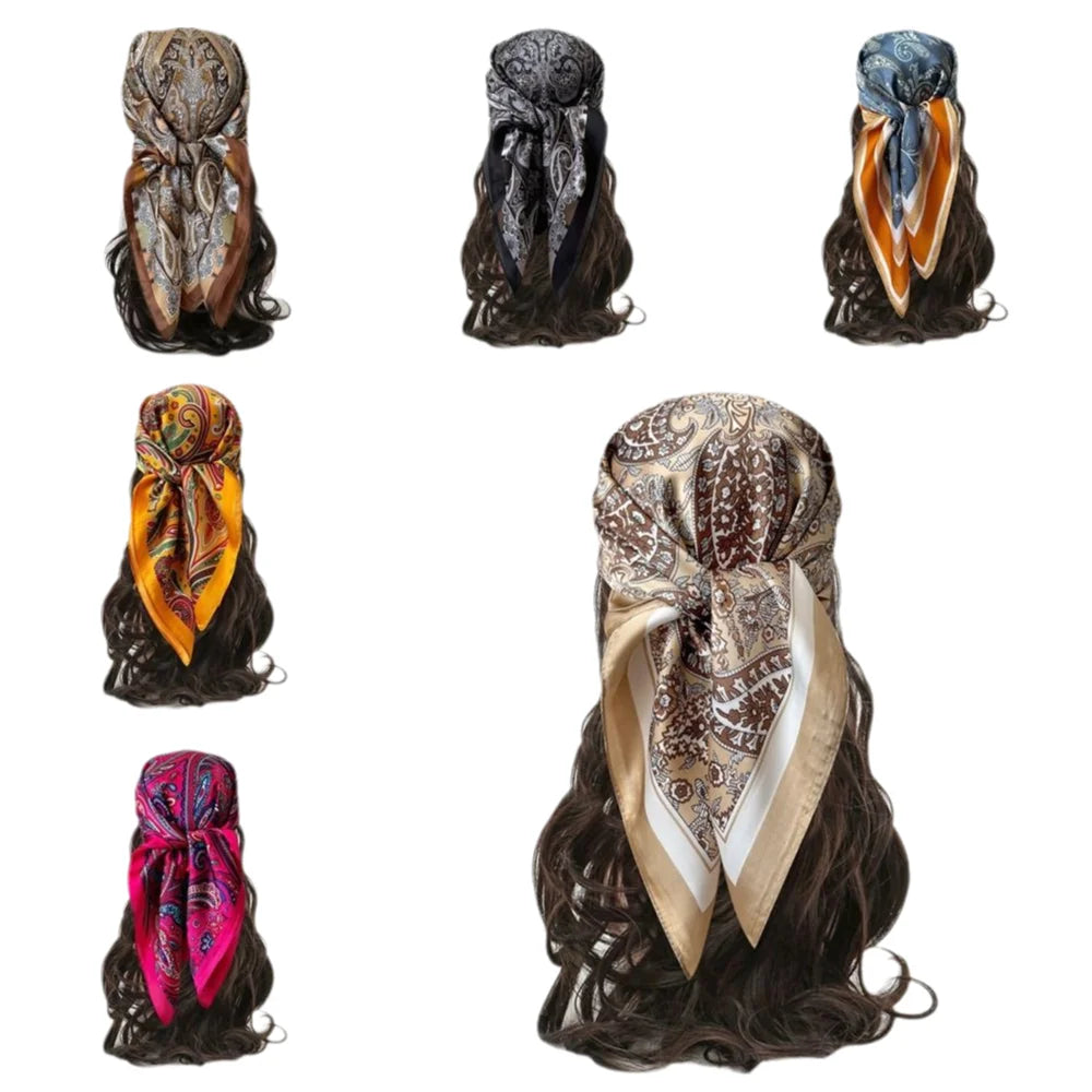 New Luxury Print Imitation Silk Square Scarf Thin Vintage Headkercheif Hijab Foulard Bandana Hair Scarf Headband Women
