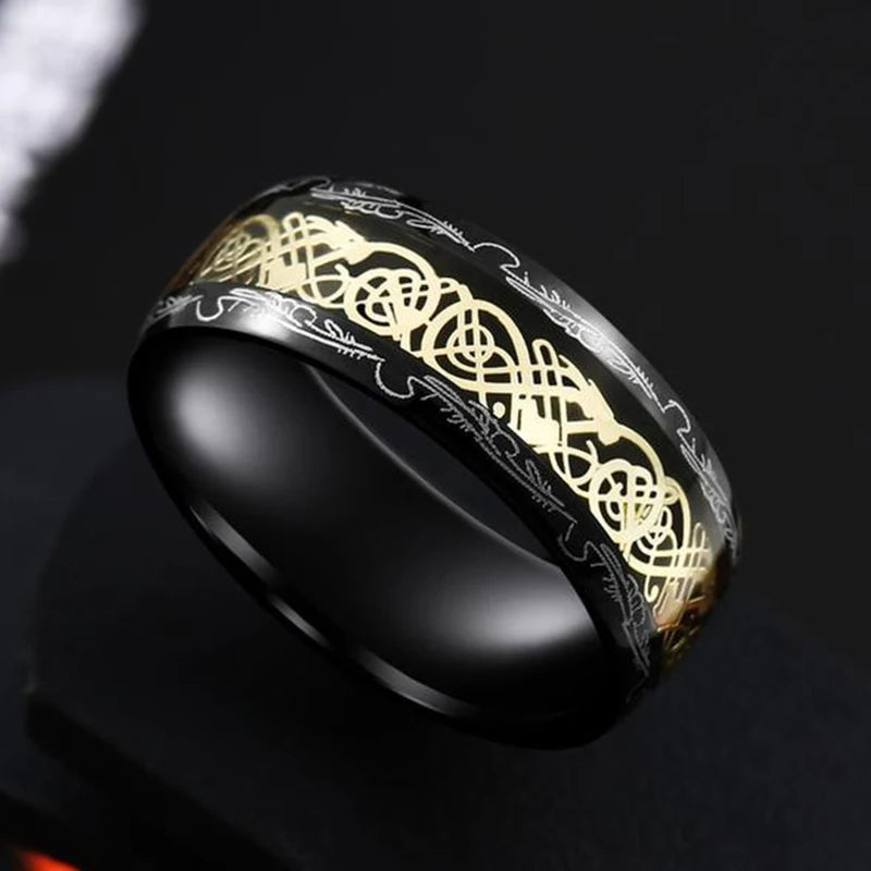 30 Colors Fashion 8MM Men Stainless Steel Celtic Dragon Rings Inlay Carbon Fiber Rings For Men Women Wedding Party Jewelry Gifts
