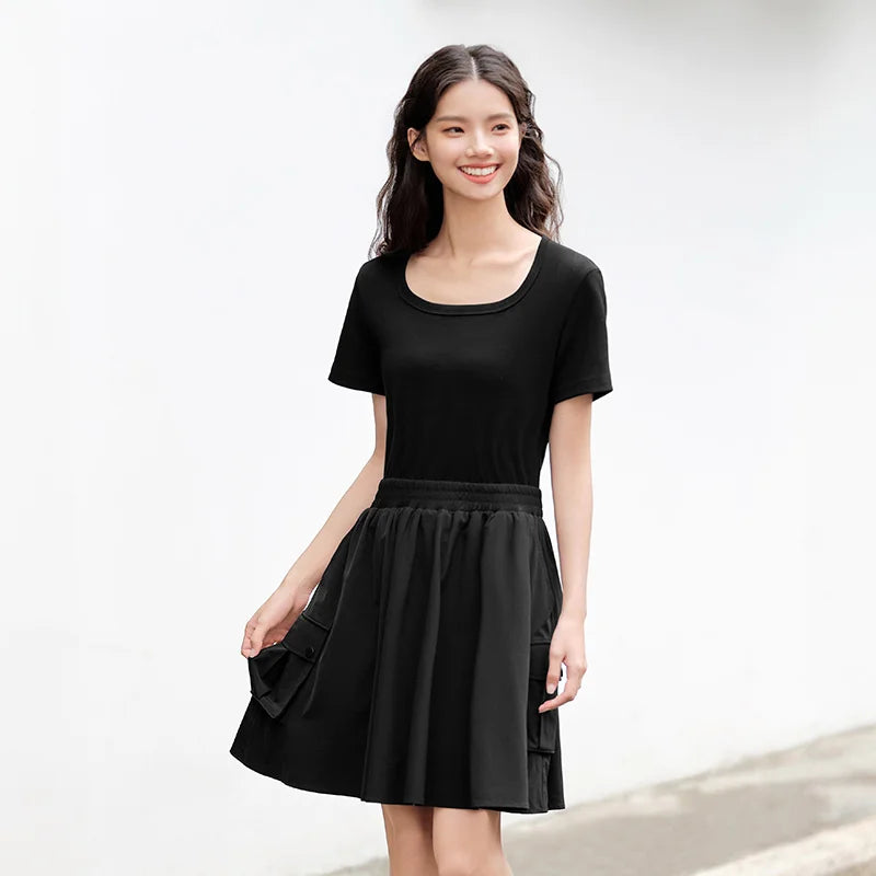 Semir Dress Women Faux Two-Piece Design Versatile 2024 Summer New Square Collar Slim Fit Short Skirt Suitable For Petite