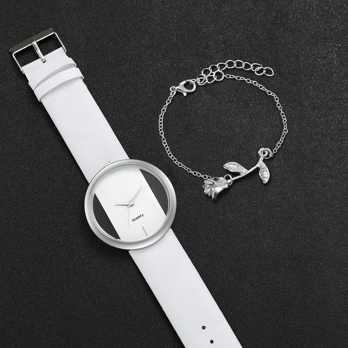 2PCS/Set Fashion Hollow Dial Women Watches Leather Band Quartz Watch Flower Bracelet Set