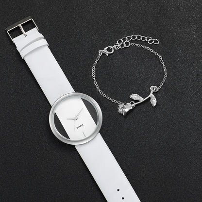 2PCS/Set Fashion Hollow Dial Women Watches Leather Band Quartz Watch Flower Bracelet Set