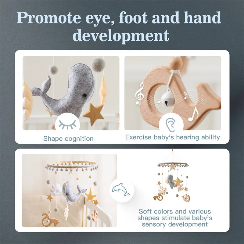 Baby Soft Felt Cartoon Wool Ball Seashell Rattles Hanging Bed Bell Newborn Mobile Crib Wooden Bracket Montessori Education Toys
