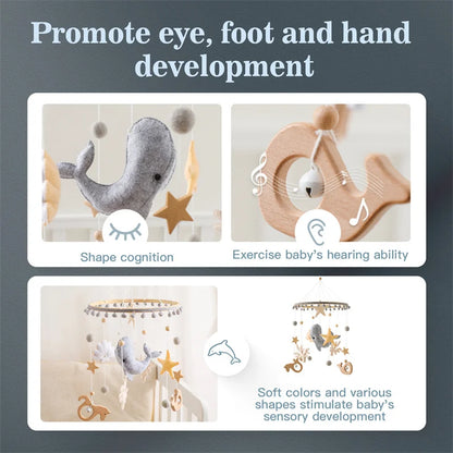 Baby Soft Felt Cartoon Wool Ball Seashell Rattles Hanging Bed Bell Newborn Mobile Crib Wooden Bracket Montessori Education Toys