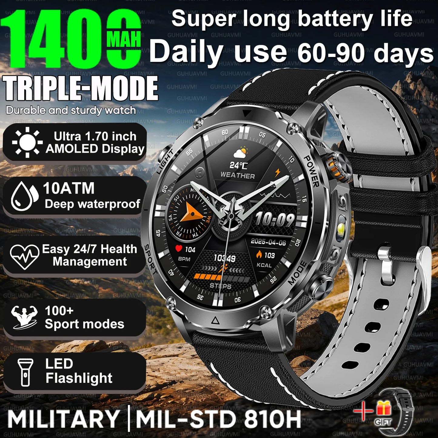 2026 Nowy Wojskowy CZOŁG Smartwatch Połączenia Bluetooth Wodoodporność 10ATM Bateria 1400mAh Monitorowanie Tętna Zegarek Sportowy Outdoor Męski