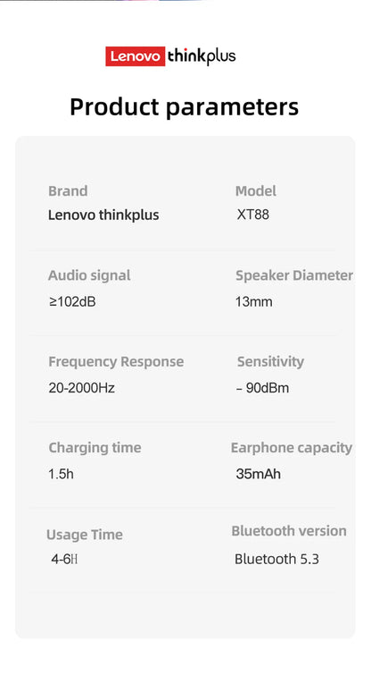 Oryginalne słuchawki Lenovo XT88 TWS bezprzewodowe Bluetooth 5.3 podwójny mikrofon Stereo redukcja szumów bas HIFI sterowanie dotykowe douszne