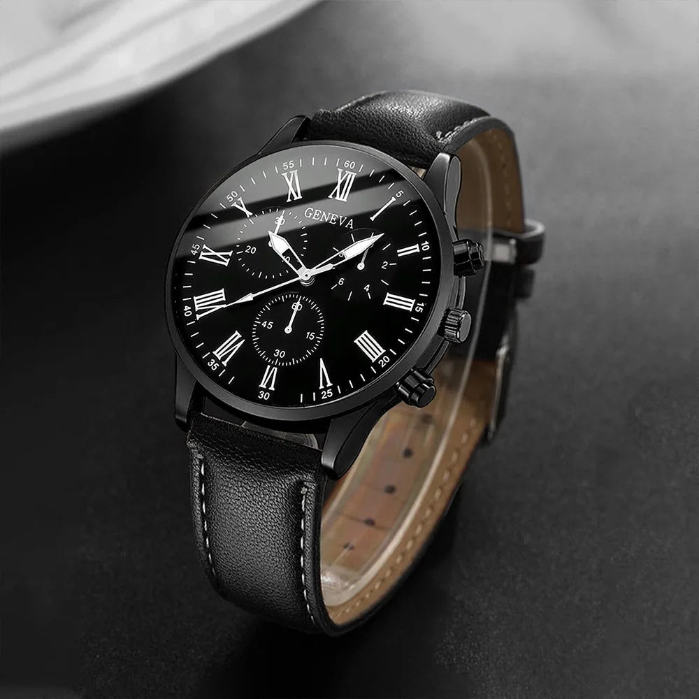 3PCS Fashion Men Business Watches Set Trend Versatile Retro Leather Strap Round Dial Quartz Watch Reloj Hombre（Without Box）