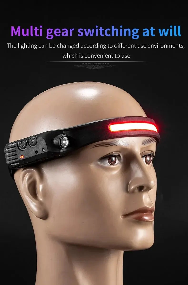Latarka czołowa LED z czujnikiem i wbudowanym akumulatorem, ładowana przez USB, lampa robocza, super jasna latarka
