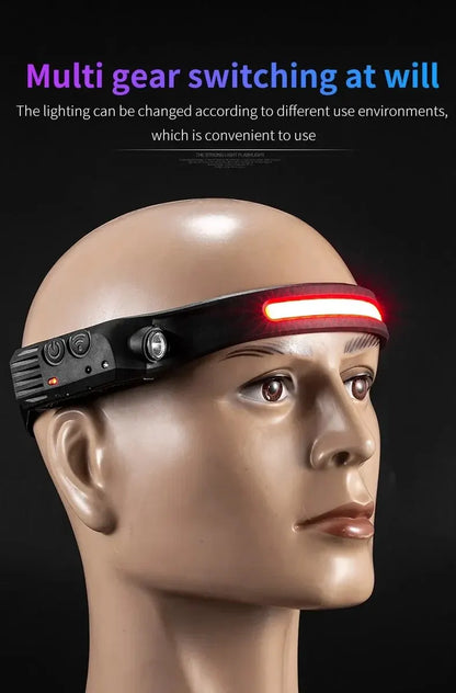 Latarka czołowa LED z czujnikiem i wbudowanym akumulatorem, ładowana przez USB, lampa robocza, super jasna latarka