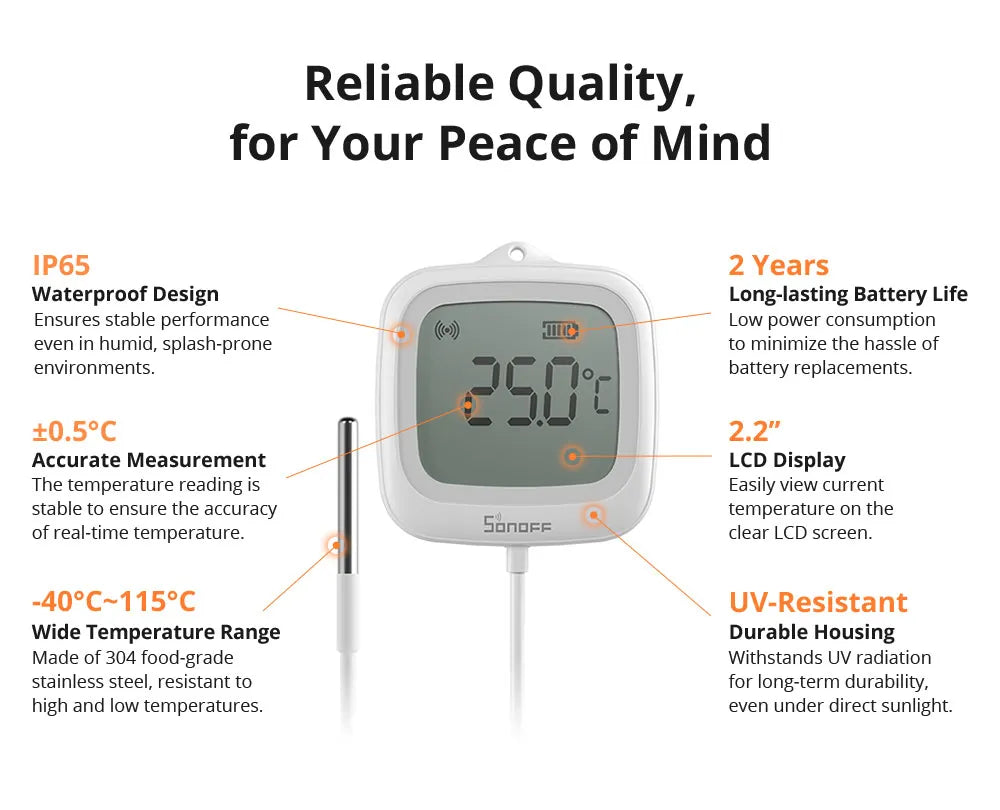 SONOFF SNZB-02LD Zigbee3.0 LCD Smart Thermometer with Probe IP65 Waterproof for Fridge Pool Fish tank Wine Cellar via ZBBridge-P
