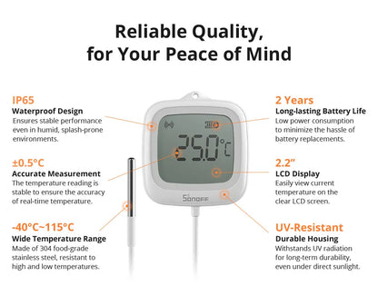 SONOFF SNZB-02LD Zigbee3.0 LCD Smart Thermometer with Probe IP65 Waterproof for Fridge Pool Fish tank Wine Cellar via ZBBridge-P