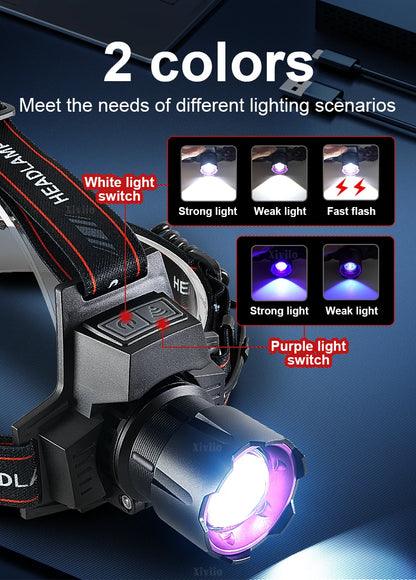 Ultra Powerful Led Headlamp Rechargeable Headlight Strong Light Head Torch UV Headlight Camping Hunting Front Light