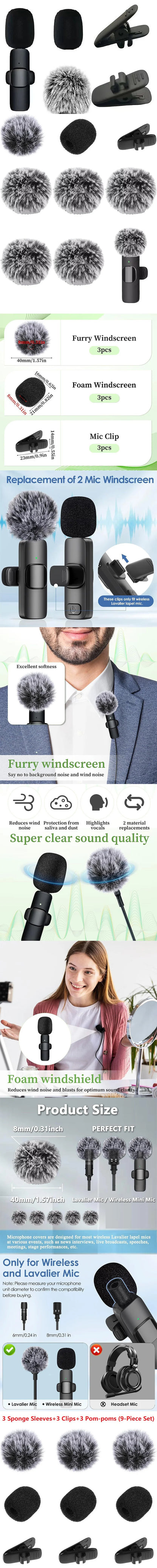 9PCS Furry Windscreen Microphone Lavalier Foam Cover Set Prevent Popping Sound Foam Mic Cover Microphone Accessories MKFPJ02