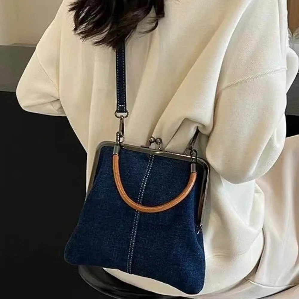 New Vintage Style Women Handbag Fashionable Navy Blue Designer Shoulder Bag Versatile Lady‘s Denim Purses Crossbody Bags
